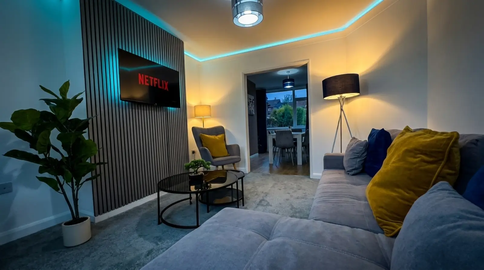 Sullivan Heights living room at dusk